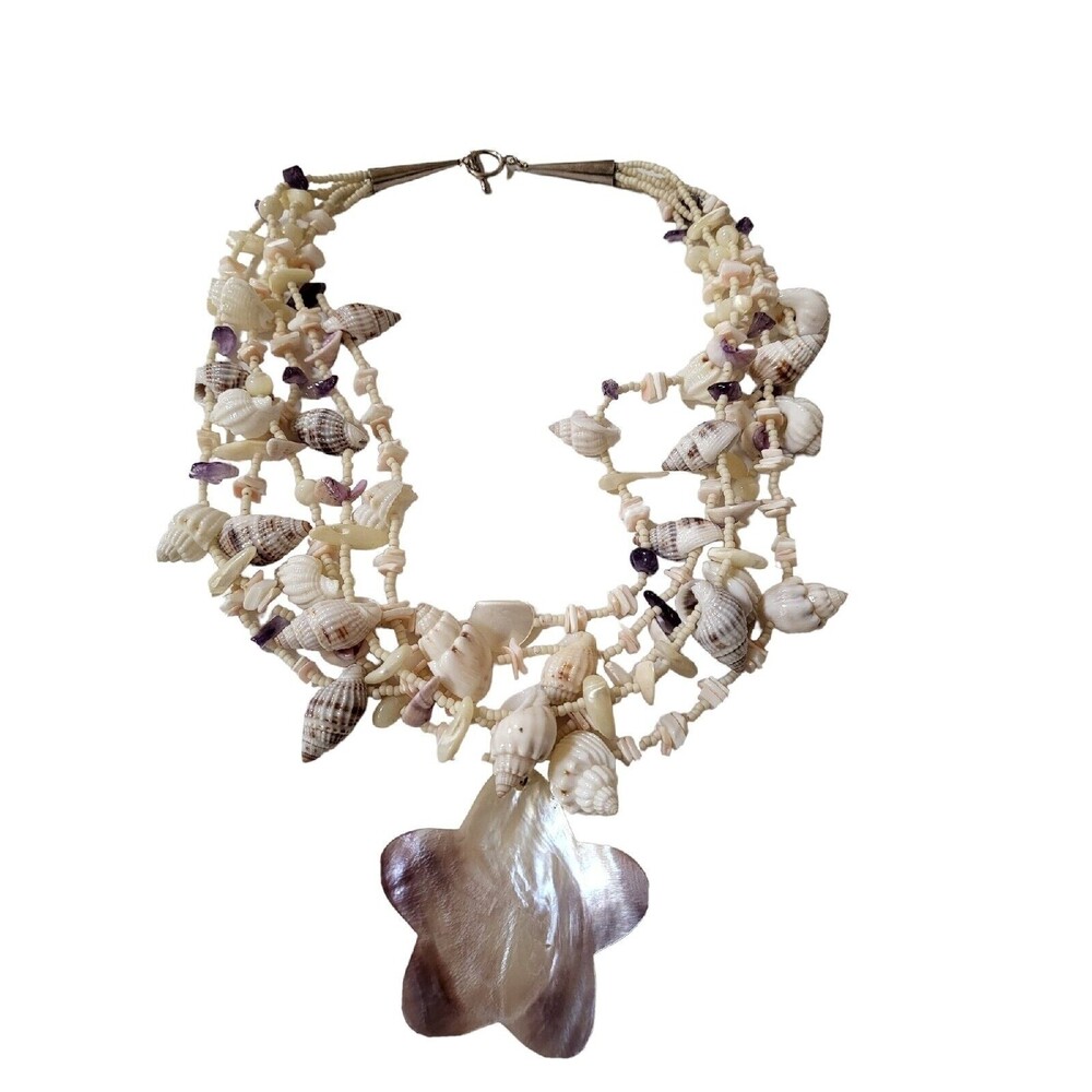 Designer 925 Natural Sea Shell, Amathy, & Mother Of Pearl  multistrand Necklace